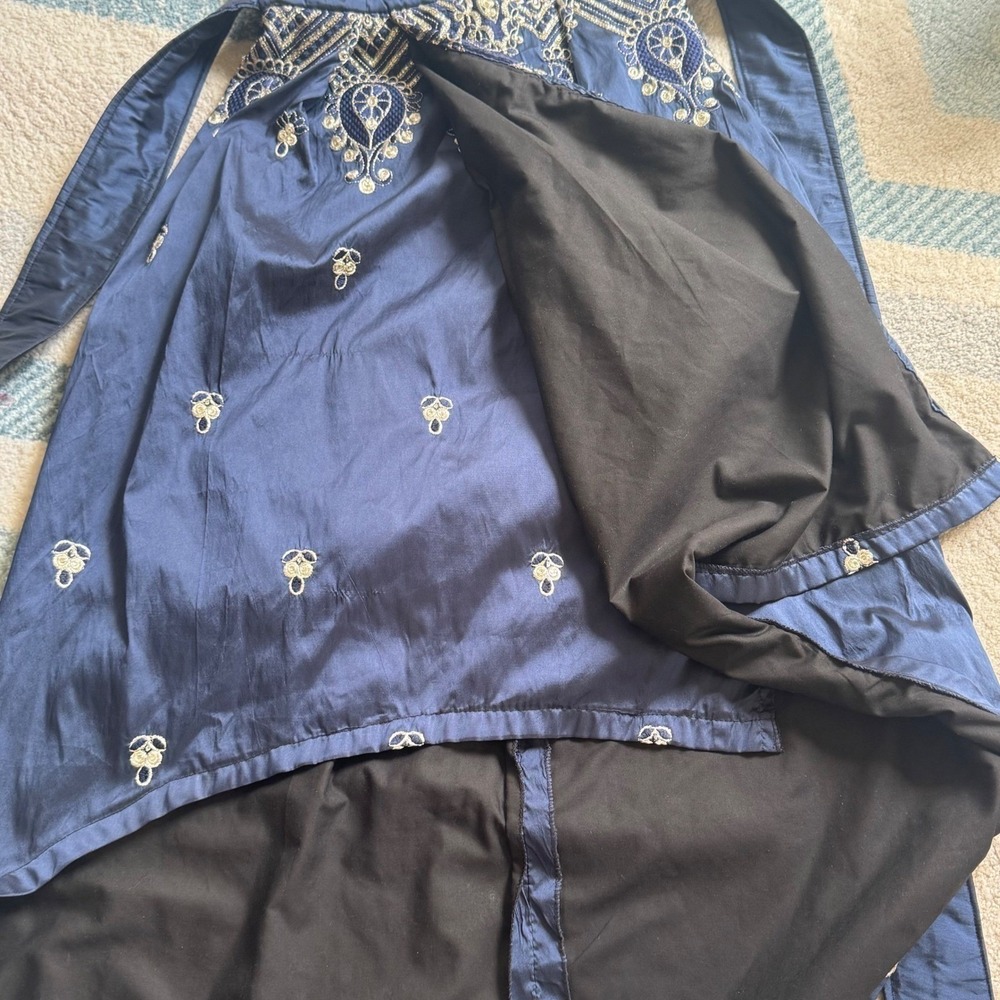 Custom Silk Navy Blue Embroidered High Low Midi Dress with Sequin Accents V-Neck - Picture 10 of 11